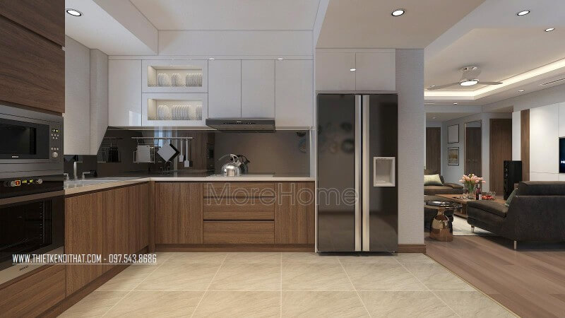 Tủ bếp dưới sử dụng chất liệu gỗ công nghiệp dán Veneer, tủ bếp trên được sử dụng với chất liệu gỗ công nghiệp phủ bề mặt acrylic tiện nghi, đa năng tủ bếp đẹp