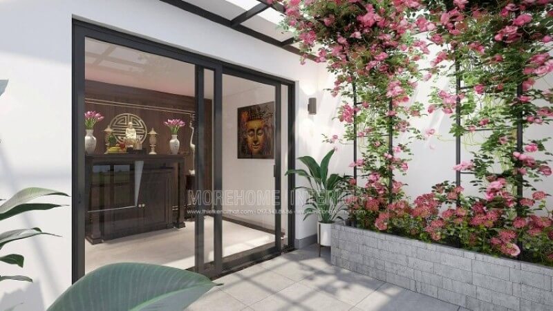 Morehome xin giới thiệu mẫu thiết kế phòng thờ thờ Phật Quan Âm trên đây với tủ thờ bằng gỗ óc chó cao cấp kết hợp cùng tấm gỗ ốp tường với trọng tâm chữ Thọ tọa điểm tinh tế có phía trước hướng ra vườn hoa tuyệt đẹp sẽ là gợi ý lý tưởng cho không gian nhà phố, biệt thự. Thiết kế nội thất biệt thự