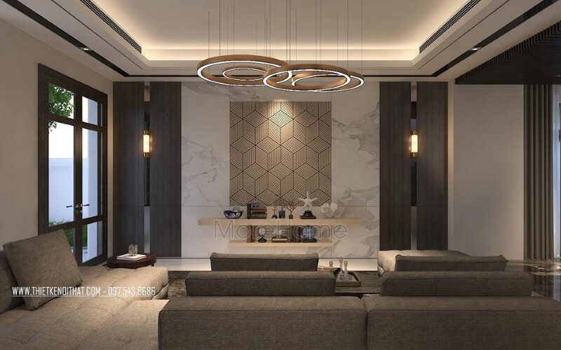 Đá ốp tường vân mây cùng họa tiết 3D điểm nhấn tạo góc nhìn độc đáo, sang trọng cho phòng khách biệt thự, nhà phố hiện đại. Thiết kế phòng khách biệt thự