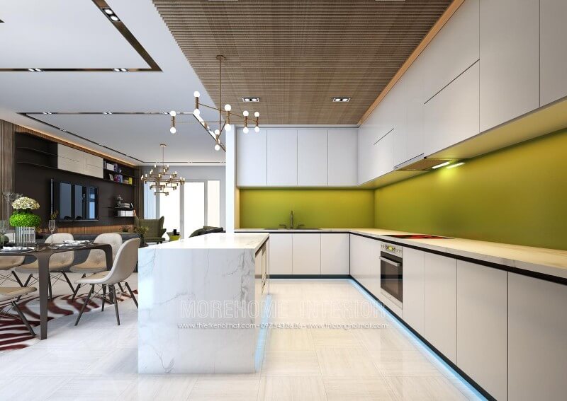 Mẫu thủ bếp gỗ Acrylic được thiết kế kịch trần, màu trắng tinh tế cũng là gam màu được lựa chọn chủ đạo tạo sự thoáng đãng cho không gian căn bếp Tủ bếp đẹp, sang trọng và đẳng cấp