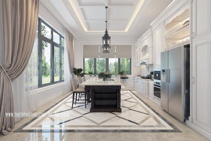 Thiết kế nội thất phòng bếp biệt thự tân cổ điển sang trọng, tiện nghi và bắt mắt với gam màu đen trắng chủ đạo Thiết kế phòng bếp, tủ bếp đẹp