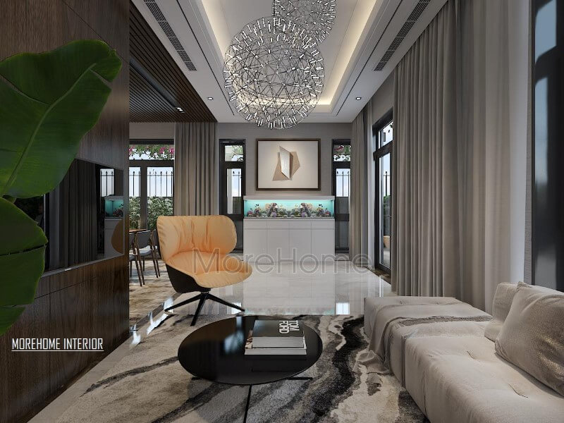 Bố trí nội thất phòng khách hiện đại độc đáo với bể cá phong thủy. thiết kế chung cư