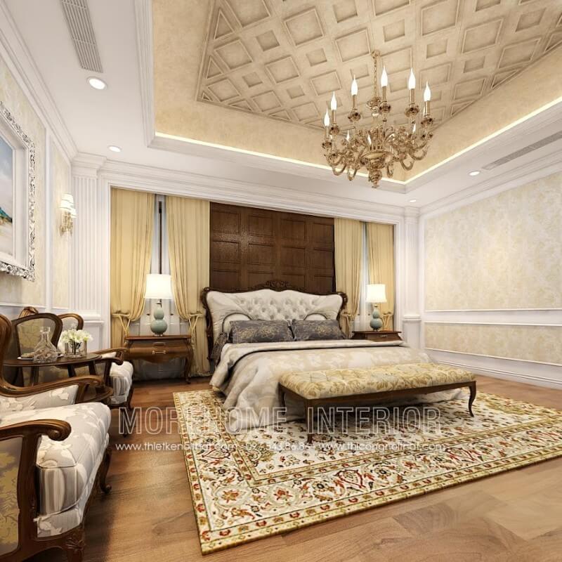 Thiết kế nội thất phòng ngủ biệt thự tân cổ điển sang trọng với sản phẩm giường ngủ gỗ óc chó, đầu giường bọc da cao cấp Thiết kế phòng ngủ
