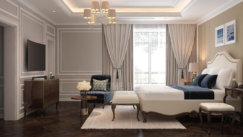 Sắp xếp nội thất phòng ngủ master gỗ óc chó mang phong cách tân cổ điển sang trọng, độc đáo. Thiết kế phòng ngủ