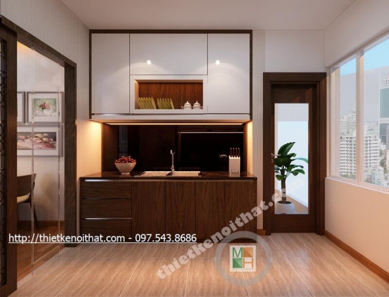 Hệ thống tủ bếp gỗ công nghiệp được thiết kế đơn giản, kết hợp 2 tone màu nâu trầm và trắng tạo hiệu ứng màu sắc mang đến cảm giác thư giãn và thanh thoát nhẹ nhàng. Tủ bếp hiện đại, tủ bếp chữ u, tủ bếp chữ i, tủ bếp chữ l