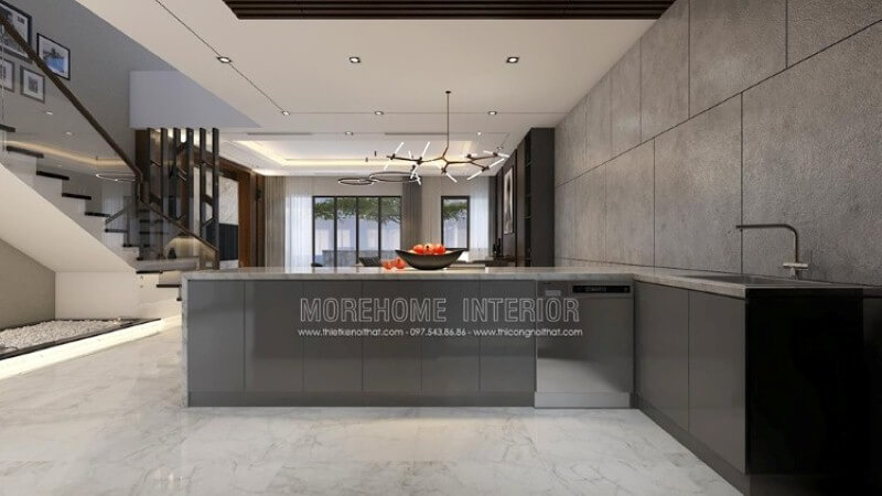 Mẫu bàn đảo bếp độc đáo với thiết kế nội thất hiện đại sang trọng từ bộ tủ gỗ công nghiệp acrylic An Cường được phủ bề mặt đá ốp nâu vân chỉ đẹp sang trọng. Thiết kế tủ bếp biệt thự sang trọng