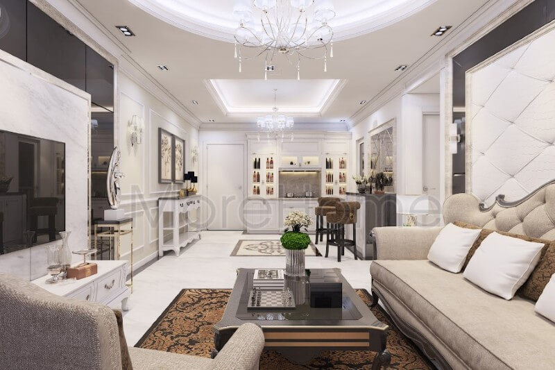 Bộ sofa bọc nỉ khá đơn giản nhưng vẫn là điểm nhấn chính trong không gian phòng khách. Sự tối giản của bộ sofa chữ i và một chiếc sofa đơn tạo hiệu ứng không gian tiếp khách thêm phần sang trọng và rộng lớn hơn Sofa tân cổ điển cao cấp