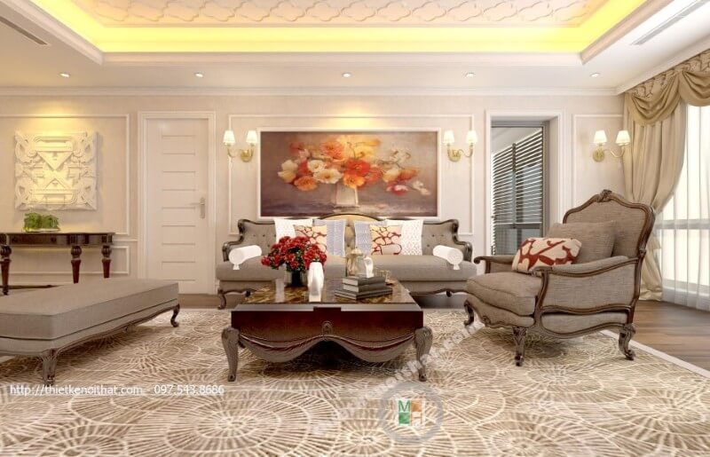 Bộ sofa phòng khách được tạo nên từ gỗ tự nhiên cao cấp với vân gỗ bắt mắt cùng màu nâu sậm đen rất đặc trưng. Sofa tân cổ điển cao cấp