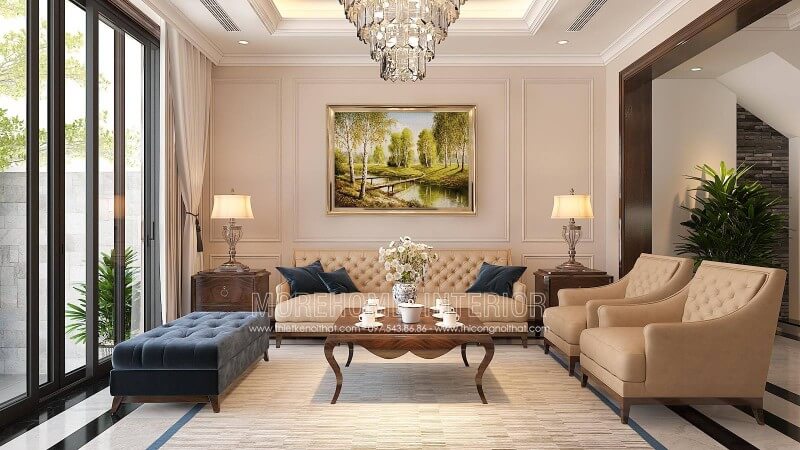 Thiết kế phòng khách đẹp với mẫu sofa tân cổ điển khung gỗ tự nhiên bọc da màu kẹm đậm cao cấp là điểm nhấn của căn phòng Sofa tân cổ điển cao cấp