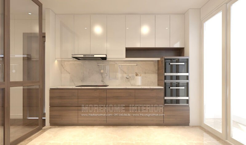Thiết kế tủ bếp chữ i hiện đại được sử dụng chất liệu gỗ công nghiệp MDF lõi xanh, chịu ẩm, bề mặt cánh có sự kết hợp của Acrylic và Laminate mang lại sự sang trọng cũng như độ bền cao Tủ bếp hiện đại,tủ bếp đẹp hiện đại, tủ bếp An Cường