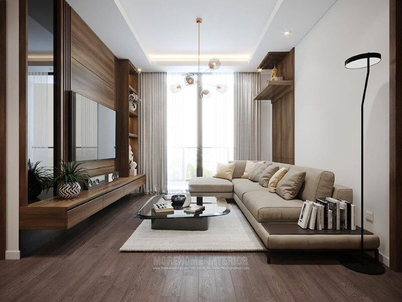 Phòng khách chung cư thiết kế đẹp mắt với đồ nội thất gỗ công nghiệp Mẫu nội thất chung cư hiện đại