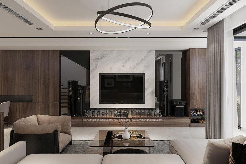Trang trí phòng khách hiện đại đẹp ấn tượng với đá nhân tạo cao cấp điểm nhấn Thiết kế nội thất phòng khách biệt thự
