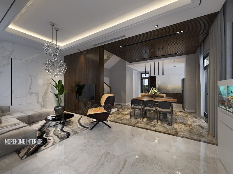 Điểm nhấn ấn tượng giữa gỗ ốp tường cùng đá lát sàn cao cấp tạo nên ánh nhìn hiện đại, độc đáo cho phòng khách liền bếp ăn.