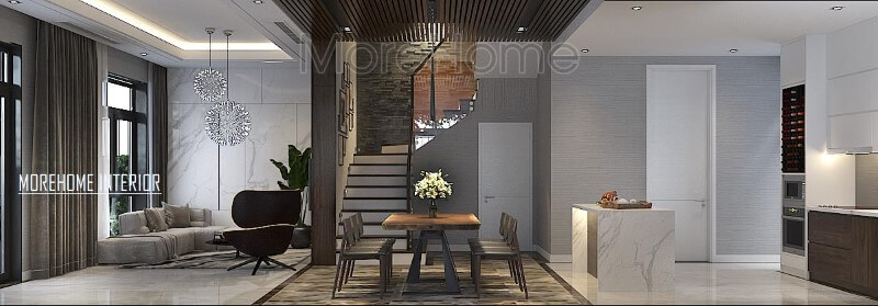 Phối cảnh trang trí hiện đại đẹp cho biệt thự nhà phố với ý tưởng thiết kế phòng khách liền bếp ăn.