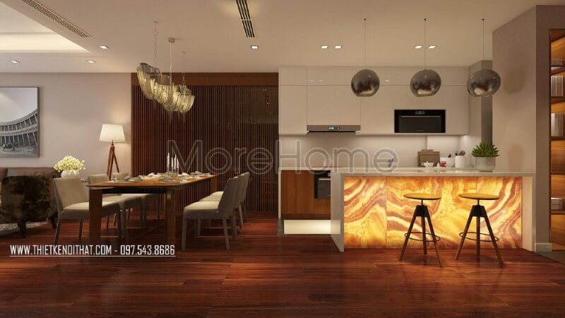 Mẫu tủ bếp chung cư hiện đại kết hợp sư dụng tone màu trắng ấn tượng mang đến cảm giác sạch sẽ, tinh tế nhẹ nhàng, tạo cảm giác cơi nới cho không gian. Tủ bếp gỗ, tủ bếp gỗ tự nhiên, tủ bếp tân cổ điển