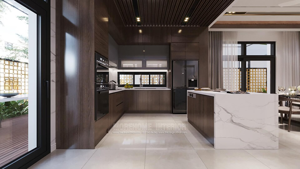 Tủ bếp chữ L hiện đại - sản phẩm nội thất điển hình tại nhiều nhà biệt thự, nhà chung cư cao cấp Tủ bếp gỗ, tủ bếp gỗ tự nhiên, tủ bếp tân cổ điển