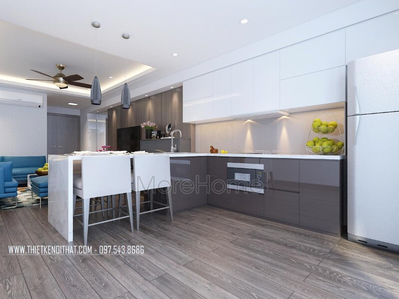 Nội thất phòng bếp hiện đại được thiết kế liền kề với không gian phòng khách giúp cho gia chủ có một không gian dùng bữa thuận tiện và ấm cúng hơn Thiết kế phòng bếp, tủ bếp gỗ An Cường
