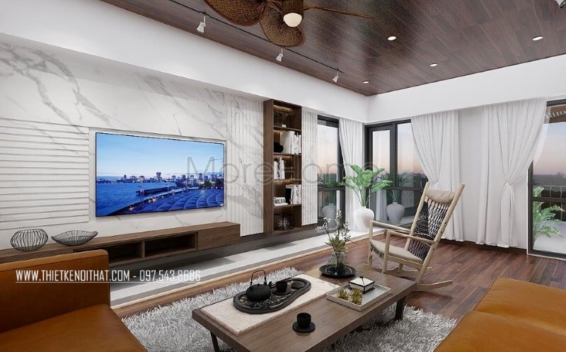 Đá ốp tường vân mây điểm nhấn ấn tượng cho phòng khách hiện đại, sang trọng. Thiết kế nội thất phòng khách nhà phố