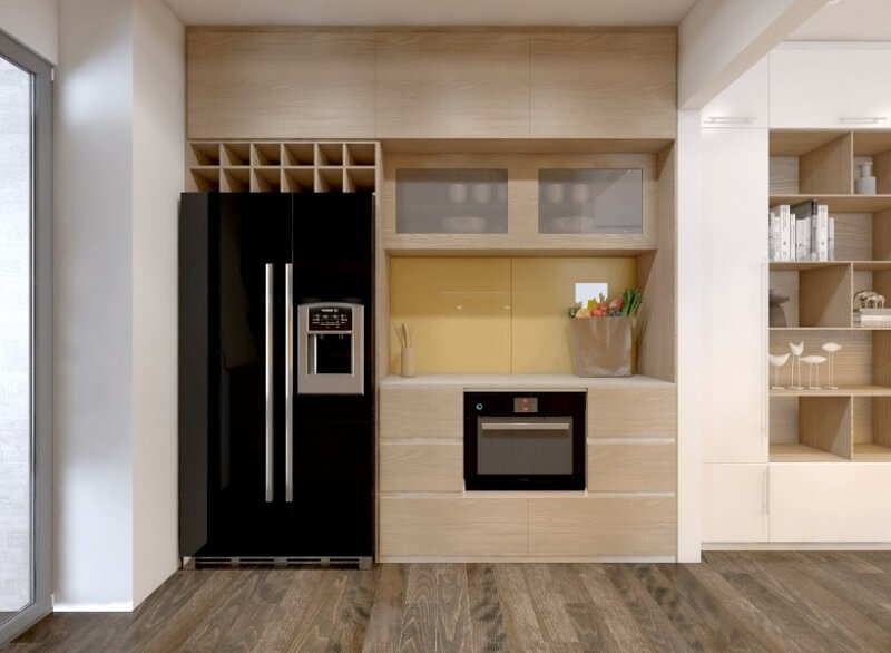 Thiết kế hệ tủ bếp gỗ công nghiệp tích hợp đa chức năng kết hợp tủ lạnh và lò vi sóng mang đến một không gian bếp lí tưởng Thiết kế nội thất phòng bếp