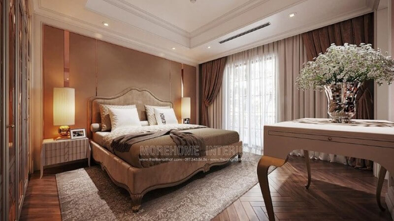 Giường bọc nệm phong cách tân cổ điển đẹp, sang trọng cho phòng ngủ master cao cấp. Mẫu nội thất biệt thự đẹp