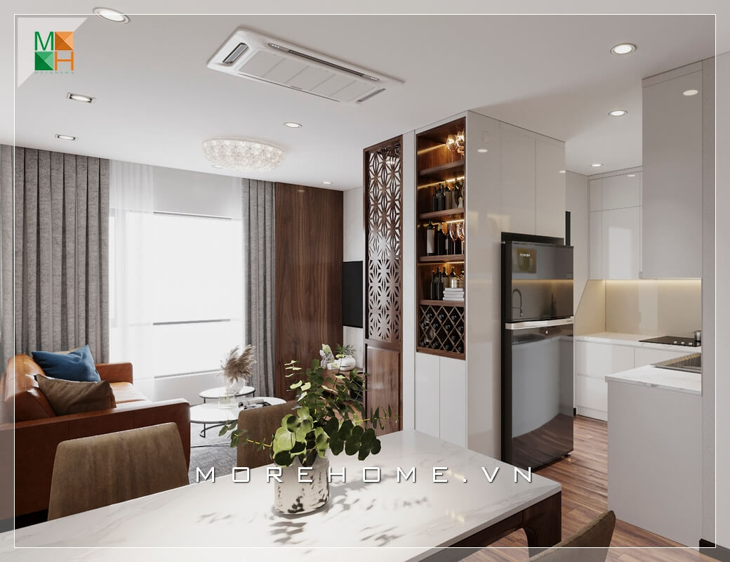 Thiết kế nội thất không gian nhà phố, chung cư đơn giản phong cách hiện đại. Phòng khách liền phòng ăn và phòng bếp, có tính liên kết hài hòa và tiện lợi phù hợp với không gian nhà có diện tích hạn chế. Thiết kế nội thất phòng khách nhà phố