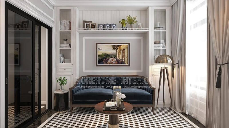 Kệ trang trí cùng ghế sofa được thiết kế khá hợp lý giúp không gian vừa trở nên thông thoáng nhưng lại tạo điểm nhấn ấn tượng, độc đáo cho phòng đọc sách. Thiết kế nội thất biệt thự