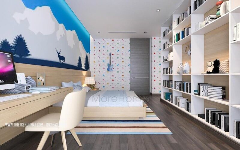 Kệ trang trí phòng ngủ con trai đẹp, sinh động với thiết kế tủ kệ trang trí nhiều ngăn giúp không gian trở nên thông thoáng, đẹp mắt. Thiết kế nội thất biệt thự