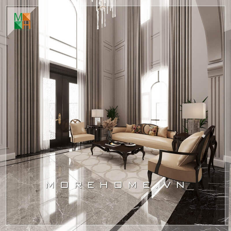 Với một không gian phòng khách nguy nga và rộng rãi thì mẫu bàn óc chó ghế sofa bọc da chân gỗ tự nhiên cao cấp là sự lựa chọn phù hợp nhất khiến căn phòng khách trở nên sang trọng và đẳng cấp hơn bao giờ hết. Thiết kế nội thất biệt thự