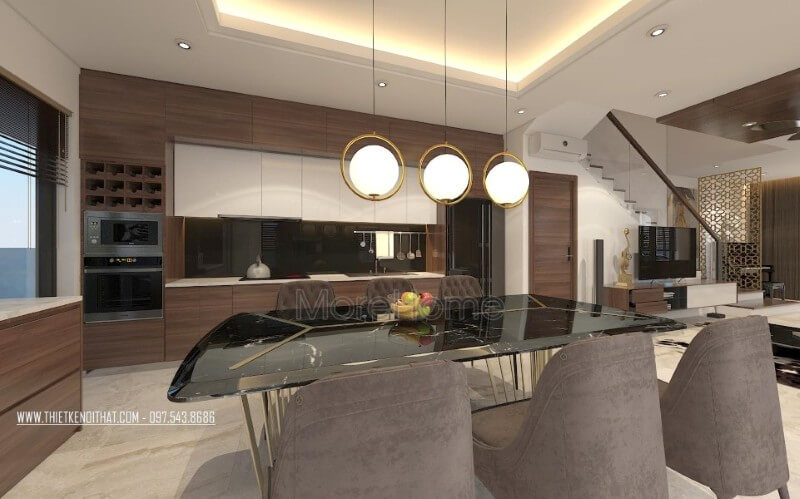 Thiết kế nội thất phòng bếp biệt thự hiện đại, không đi sâu vào chi tiết cầu kỳ mà đơn giản, nhấn mạnh tính công năng và mang đến một không gian gọn gàng và sang trọng hơn cho gia chủ. Thiết kế nhà bếp tiện nghi sang trọng
