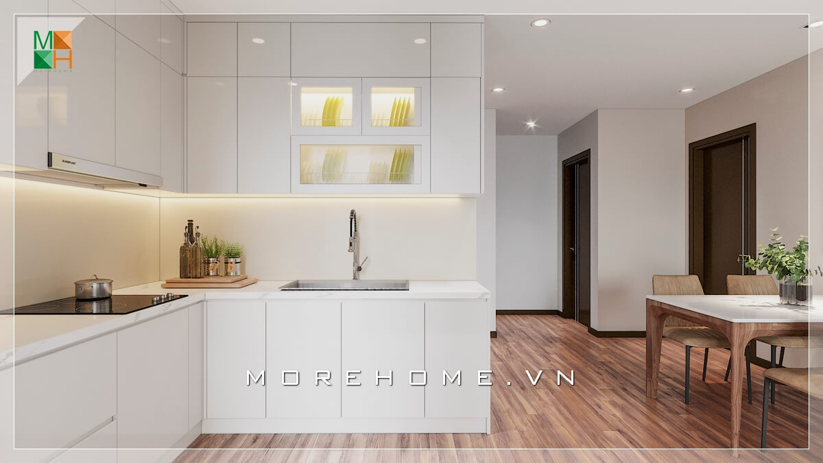 Morehome gợi ý cho bạn mẫu thiết kế nội thất phòng bếp hiện đại liền phòng ăn đẹp, đơn giản phù hợp cho không gian chung cư có diện tích hạn chế. Thiết kế nhà bếp tiện nghi sang trọng
