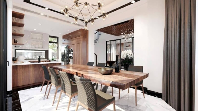Sẽ là một gợi ý độc đáo với sự hiện hữu tủ bếp gỗ óc chó veneer trầm ấm kết hợp tone màu trắng sáng, long lanh từ tủ bếp trên gỗ công nghiệp acrylic và mặt bàn bếp đá nhân tạo LG. Sự tương phản giữa 2 sắc màu sẽ là ý tưởng tuyệt vời cho bố trí nội thất phòng bếp hiện đại cho không gian nhà phố, biệt thự. Tủ bếp gỗ công nghiệp và tủ bếp acrylic