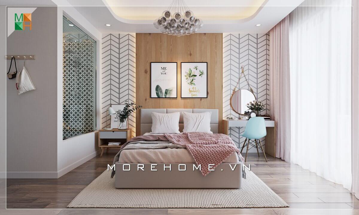 Mẫu gương tròn treo được chủ nhà sử dụng để làm gương bàn trang điểm rất đẹp mắt và sang trọng. Thiết kế phòng ngủ nhà phố