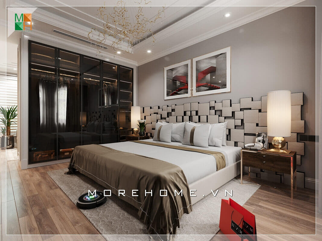 Xen lẫn giữa căn phòng ngủ hiện đại là chiếc tủ quần áo âm tường cánh kính màu đen sang trọng, hiện đại. Thiết kế phòng ngủ nhà phố