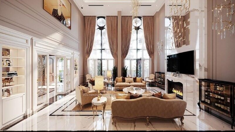 Bố trí nội thất phòng khách tân cổ điển đẹp, sang trọng tại Vinhomes Imperia Hải Phòng. Thiết kế phòng khách nhà phố