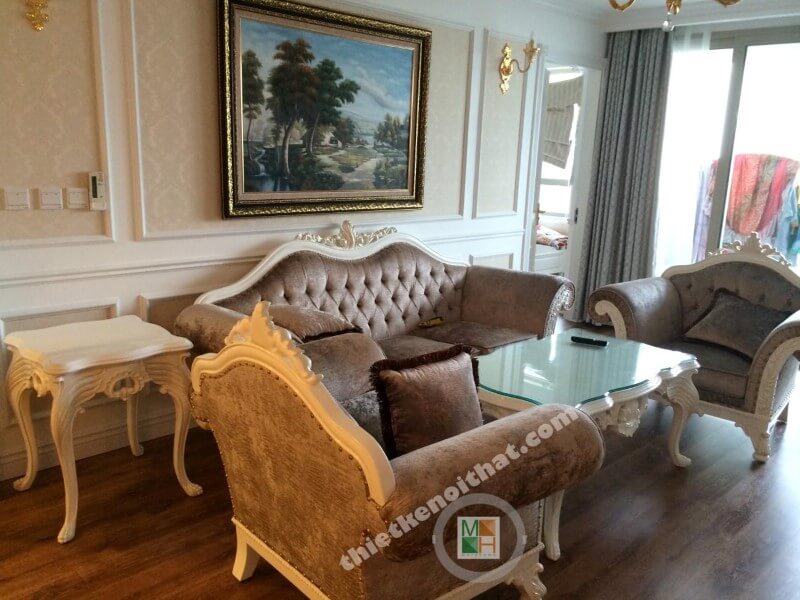 Thi công sofa tân cổ điển bọc nỉ nhung sang trọng cho chung cư Mandarin Garden Hòa Phát sofa tân cổ điển