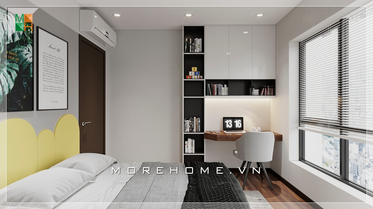 Mẫu giường ngủ hiện đại hướng ra cửa số, màu sắc phù hợp với không gian phòng ngủ chung cư, nhà phố. Thiết kế phòng ngủ chung cư