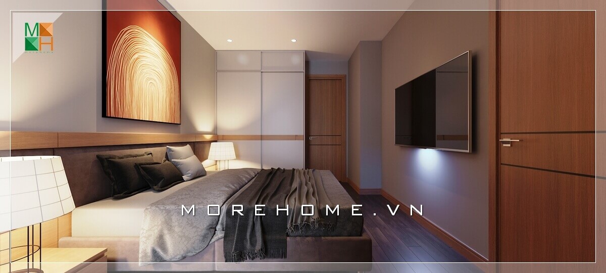 Mẫu thiết kế nội thất phòng ngủ chung cư hiện đại luôn được mọi gia đình hướng tới. Một sự sắp xếp nội thất hợp lý và gọn gàng từ TV treo tường đến bức tranh canvas nổi bật treo đầu giường đến ga giường màu trắng hết sức sáng tạo. Tất cả tạo nên căn phòng ngủ một khối hài hòa và thống nhất Mẫu nội thất chung cư hiện đại