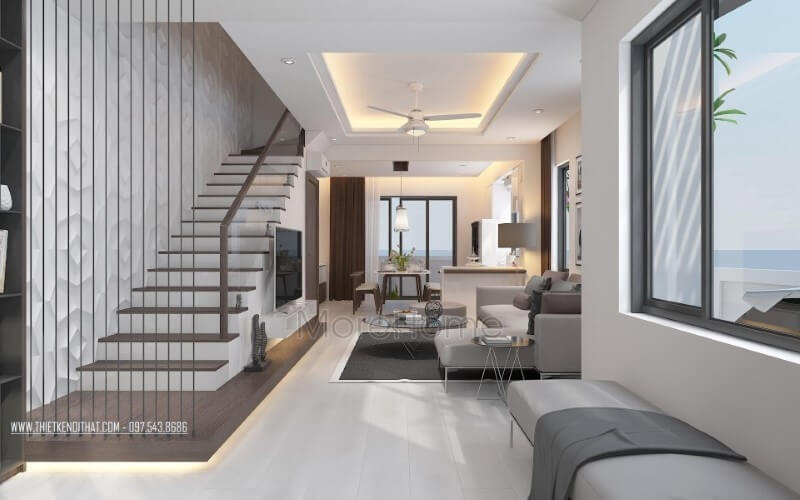 Trang trí nội thất phòng khách liền phòng bếp ăn đẹp cùng cầu thang dây cáp tạo nét hiện đại, độc đáo cho biệt thự, nhà phố. Thiết kế nội thất phòng khách nhà phố