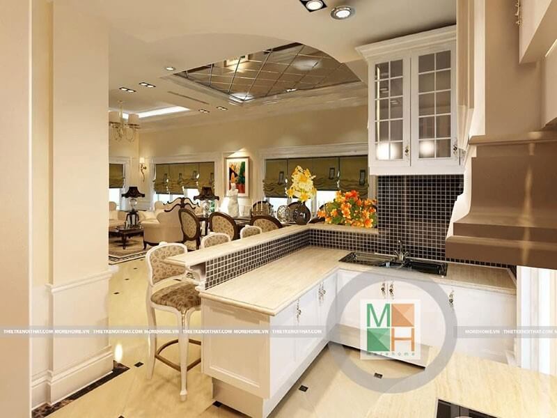 Mẫu tủ bếp tân cổ điển với thiết kế hình chữ L kết hợp với thiết bị bếp hiện đại tạo sự tiện nghi cho người nội trợ Tủ bếp màu trắng, tủ bếp màu nâu đẹp