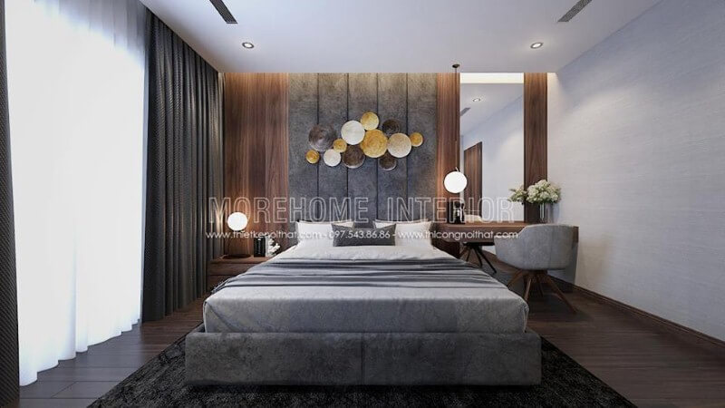 Cửa phòng ngủ ấn tượng với vị trí cùng kích thước lớn giúp bạn có thể tận hưởng tối đa nguồn sinh khí tuyệt vời từ tự nhiên. Thiết kế nội thất phòng ngủ biệt thự