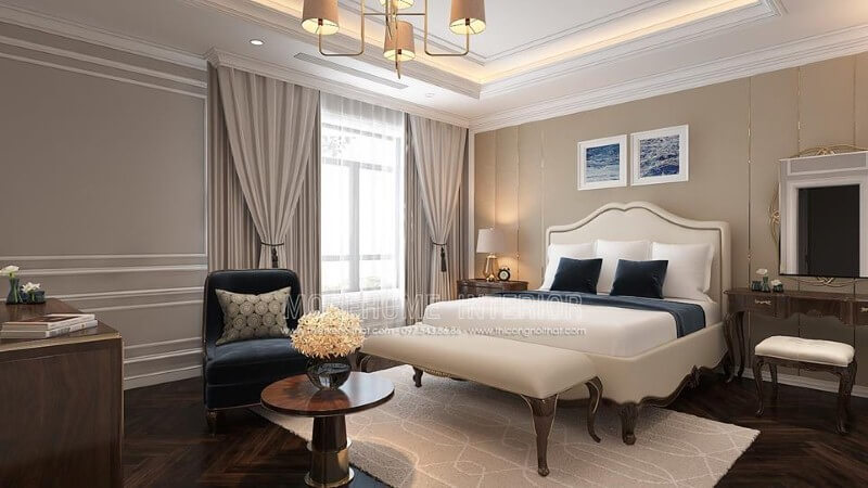 Bố trí nội thất phòng ngủ tân cổ điển đẹp, sang trọng nổi bật với sắc trắng điểm nhấn từ bộ đôn, giường bọc nệm gỗ óc chó tự nhiên. Thiết kế nội thất phòng ngủ biệt thự