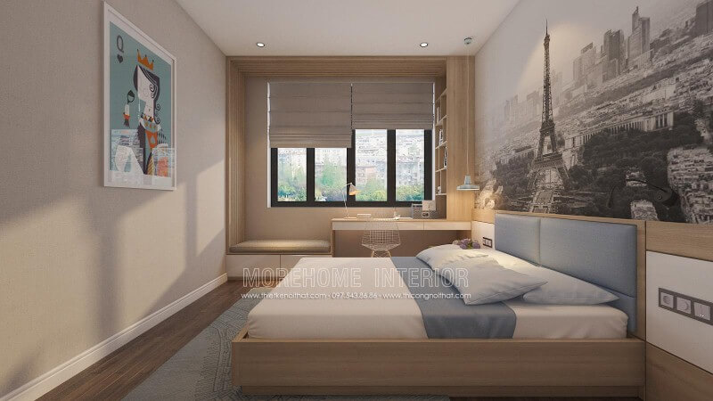 Trang trí nội thất phòng ngủ với ý tưởng tập trung vào công năng từ góc làm việc, học tập và giảm thiểu tối đa chi tiết không hữu hiệu như tivi và thay vào đó là tranh treo tường in canvas nghệ thuật đẹp mắt. Thiết kế nội thất phòng ngủ biệt thự