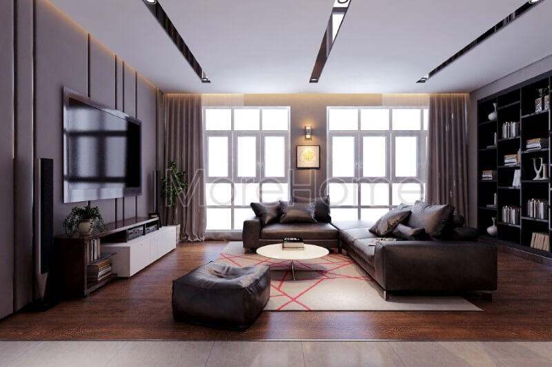 Việc bố trí hợp lí cũng như sử dụng khéo léo gam màu tối tinh tế, nội thất phòng khách chung cư trở nên sang trọng mà không kém phần ấm áp Thiết kế phòng khách chung cư
