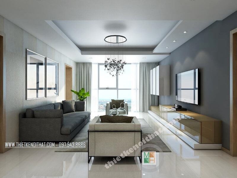 Mẫu thiết kế phòng khách chung cư cao cấp với bộ sofa bọc vải xám và trắng ấn tượng, kết hợp cách đồ nội thất nhỏ gọn mang đến không gian thoáng đãng. Thiết kế phòng khách chung cư