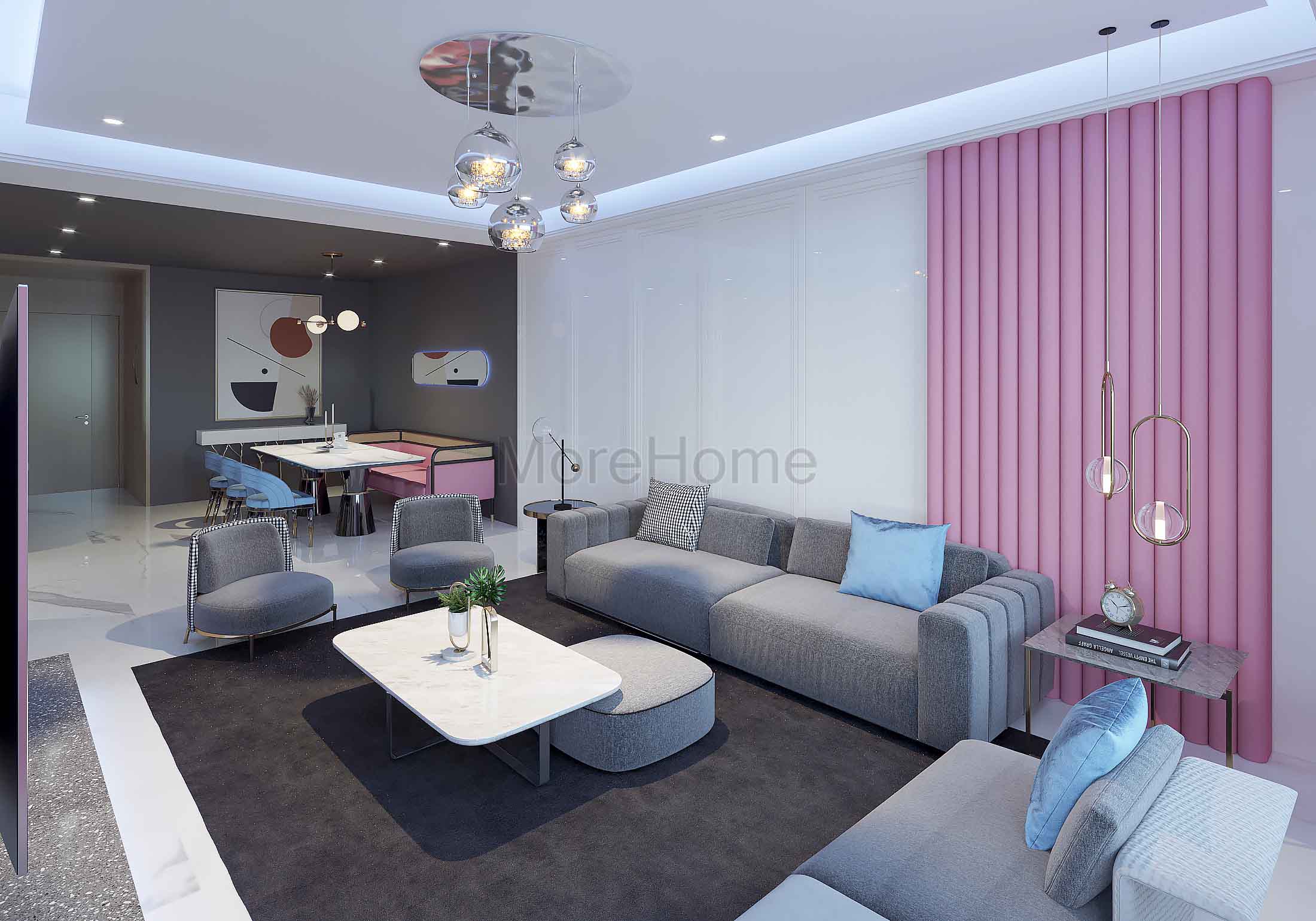 Nội thất phòng khách hiện đại được thiết kế với tone màu xen lẫn ghi - hồng tạo không gian hài hòa, nhẹ nhàng cho căn phòng Thiết kế phòng khách chung cư