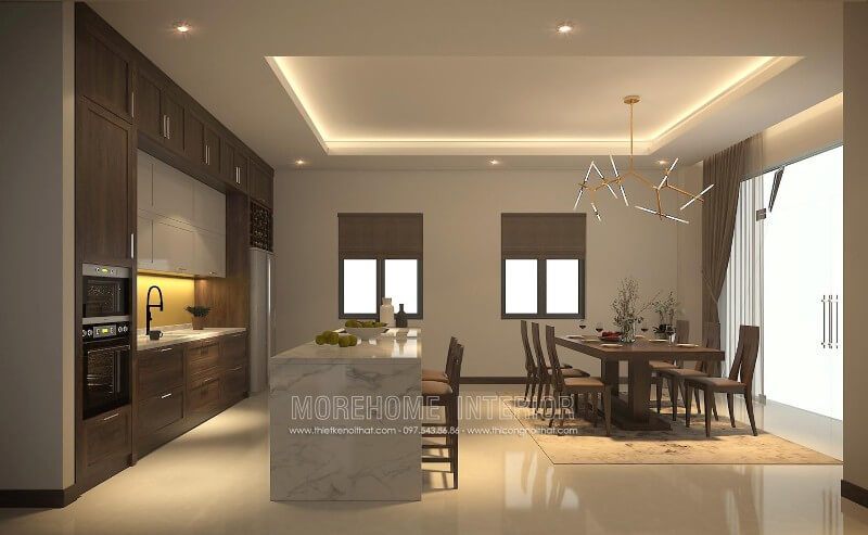 Thiết kế tủ bếp biệt thự liền kề với khu vực ăn uống tạo cảm giác thuận tiện cho gia chủ