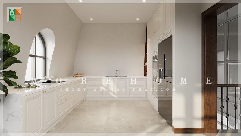 Tủ bếp màu trắng đẹp sang trọng có tác dụng bảo quản và sắp xếp gọn gàng những món đồ nội thất trong phòng bếp.