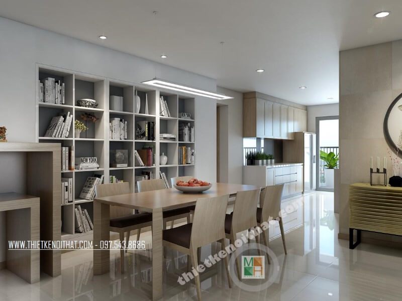 Thiết kế bàn ăn hiện đại mang tông màu veneer nâu sữa phù hợp với phong cách thiết kế của căn nhà.