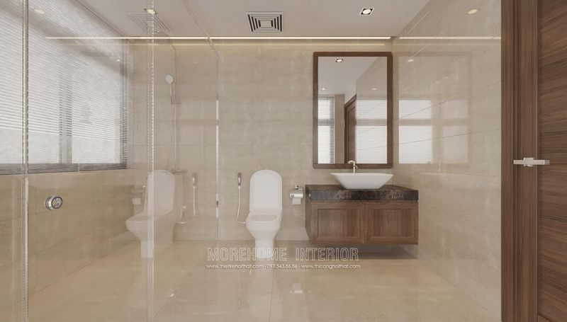 Mẫu thiết kế phòng tắm ốp đá đẹp kết hợp vách tắm kính vời kệ tủ độ nhỏ nhắn đang được ưa chuộng hiện nay