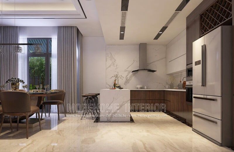 Mẫu tủ bếp đẹp hiện đại, đơn giản, không quá cầu kì vào các chi tiết, phần mặt tủ bếp được ốp đá nhân tạo sang trọng mà vô cùng sạch sẽ